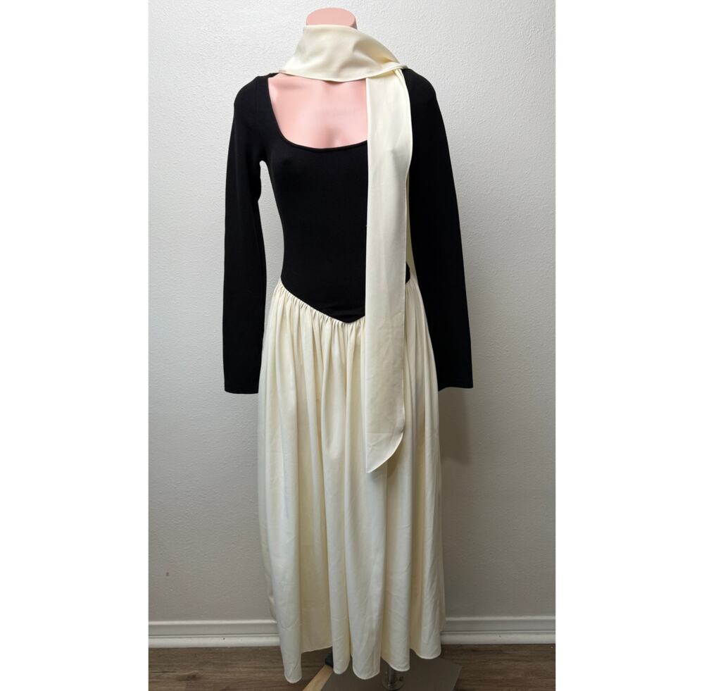 The Bekk Claire Scarf Basque Waist Maxi Dress Black Ivory Women's US S